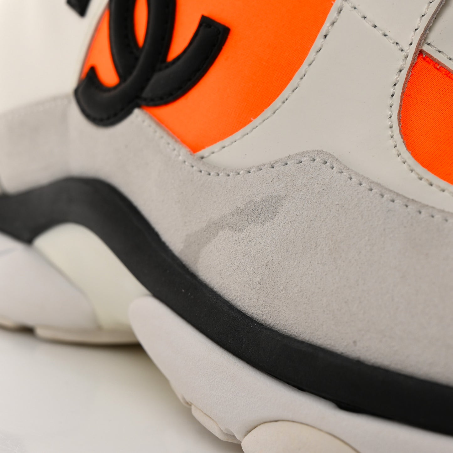 Suede Calfskin Lambskin Neoprene High Top CC Sneakers 39.5 White Fluo Orange