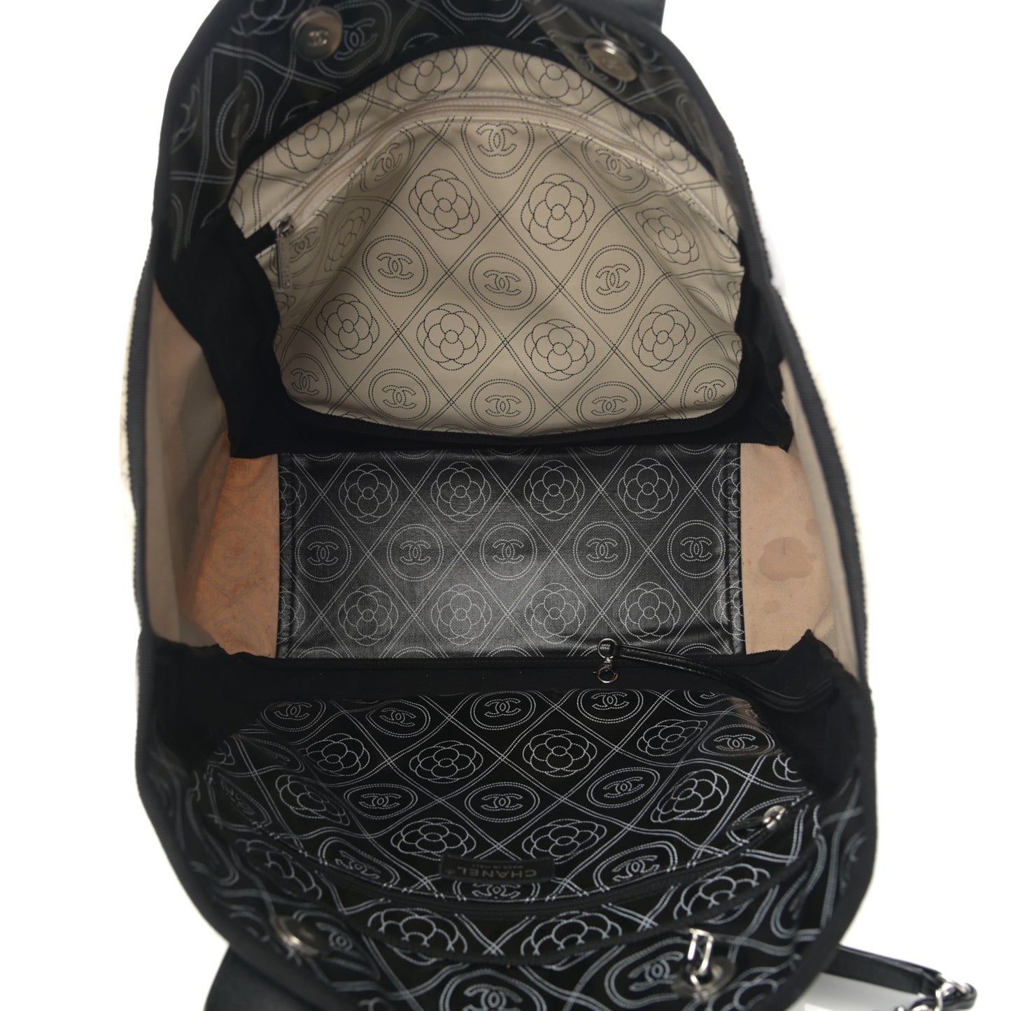 Coated Canvas Camellia Medium Shopping Tote Black Beige