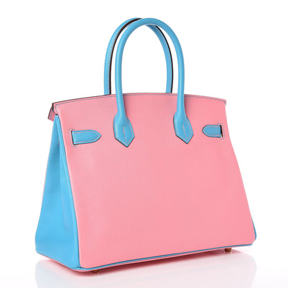 Hermes Chevre Bi-Color Horseshoe Birkin 30 Rose Confetti Bleu Azteque 3 of 10