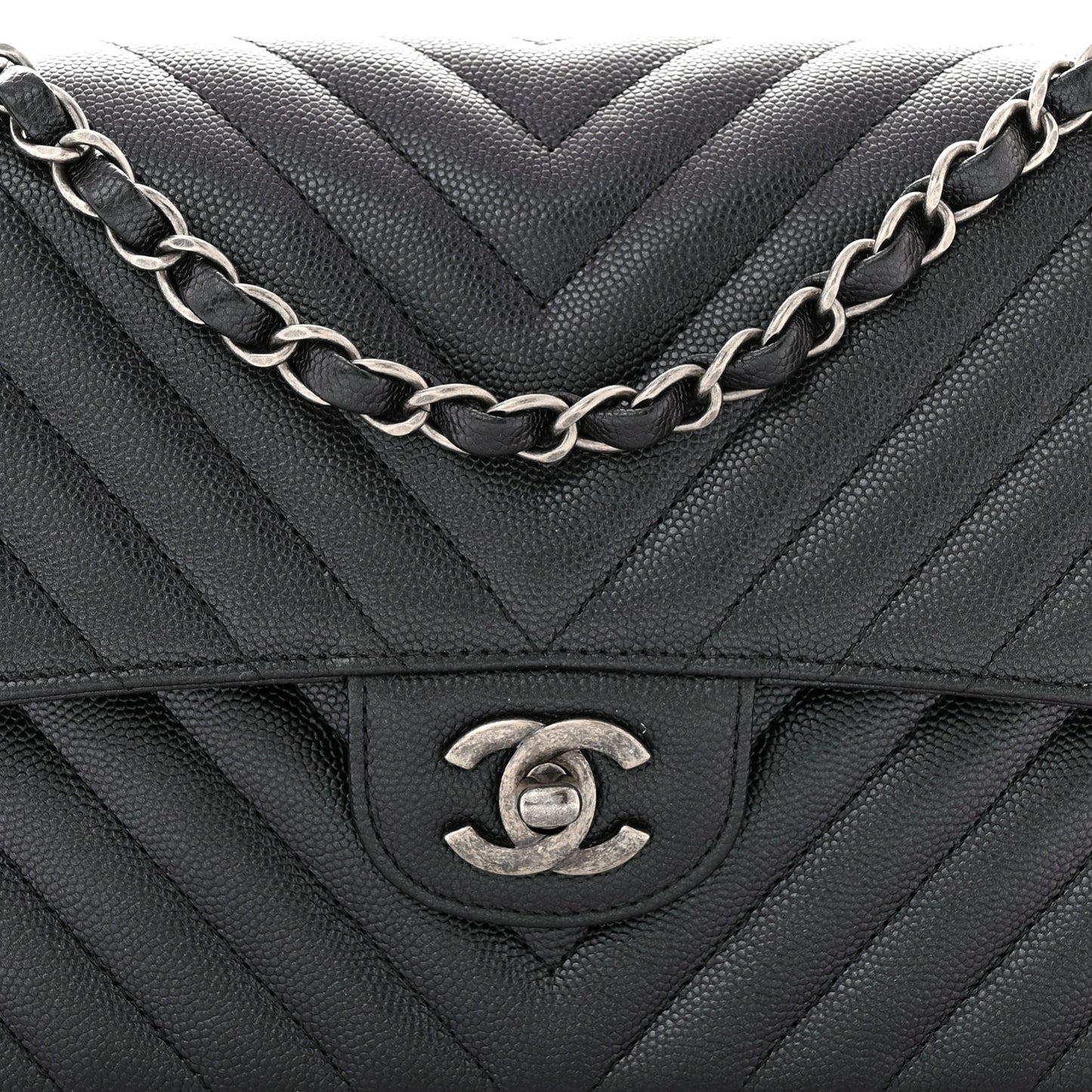 Iridescent Caviar Chevron Quilted Medium Double Flap Black