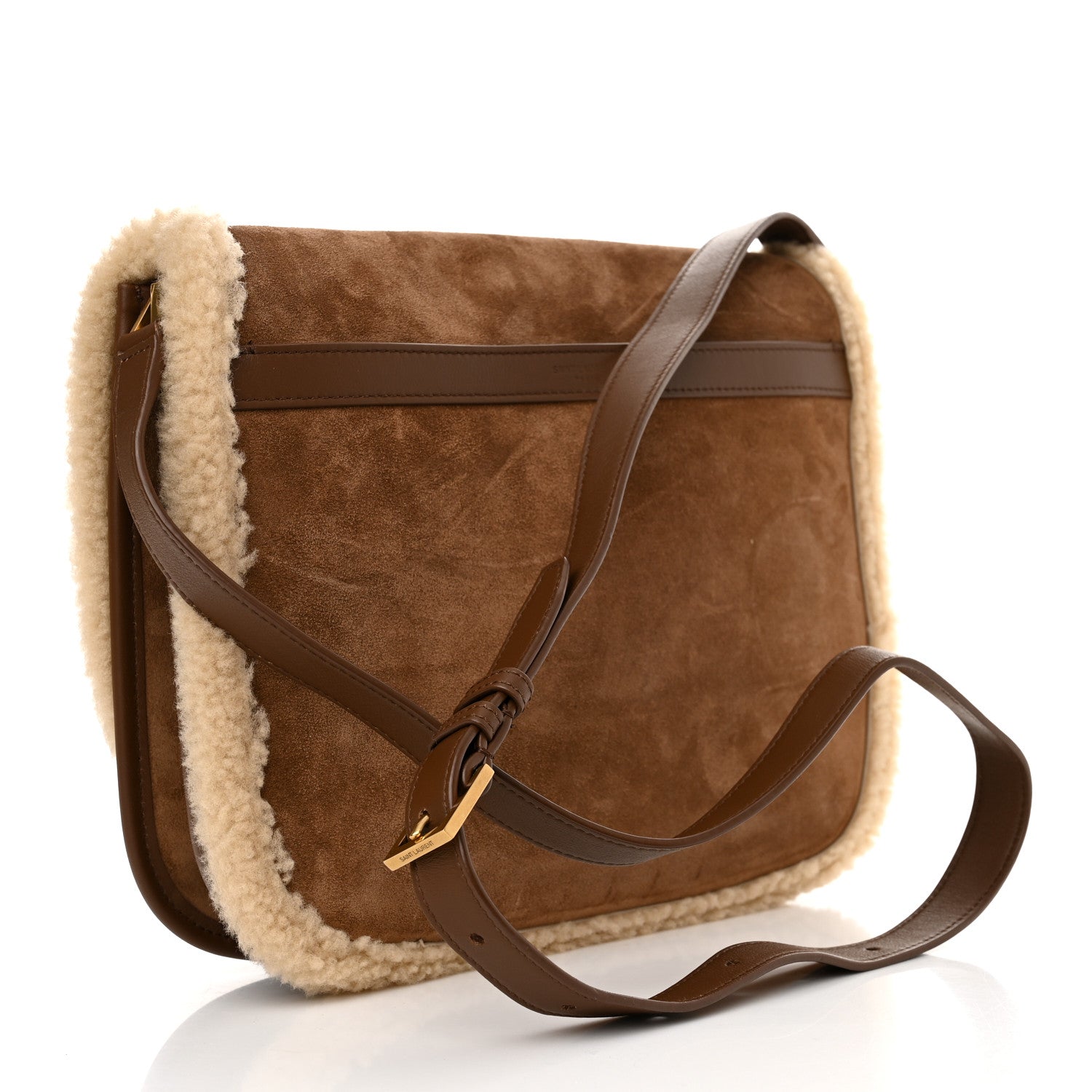 Saint Laurent Nubuck Shearling Besace Satchel Dark Cigar Natural Beige 3 of 11
