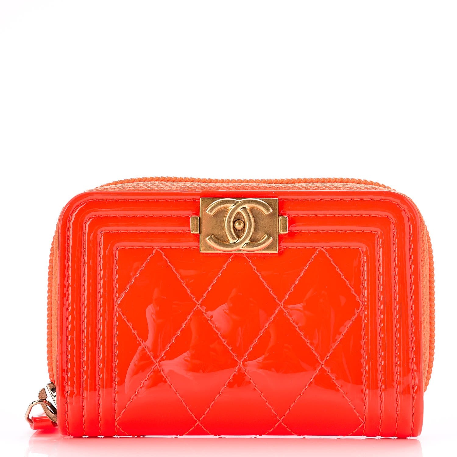Chanel Patent Quilted Boy Zip Around Coin Purse Wallet Orange 1 of 8