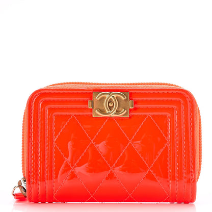Chanel Patent Quilted Boy Zip Around Coin Purse Wallet Orange 1 of 8