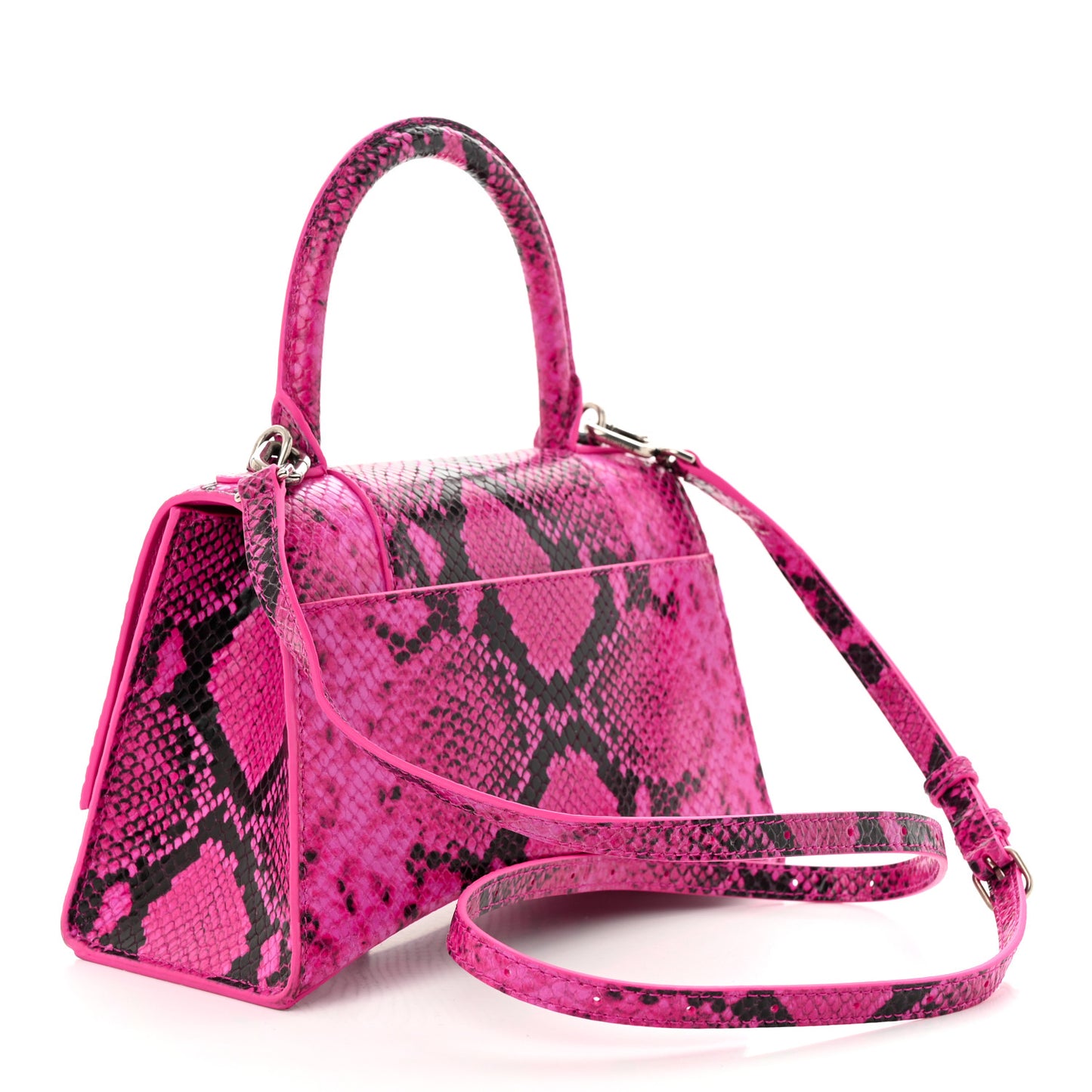 Shiny Calfskin Python Effect Small Hourglass Top Handle Bag Fuchsia Black