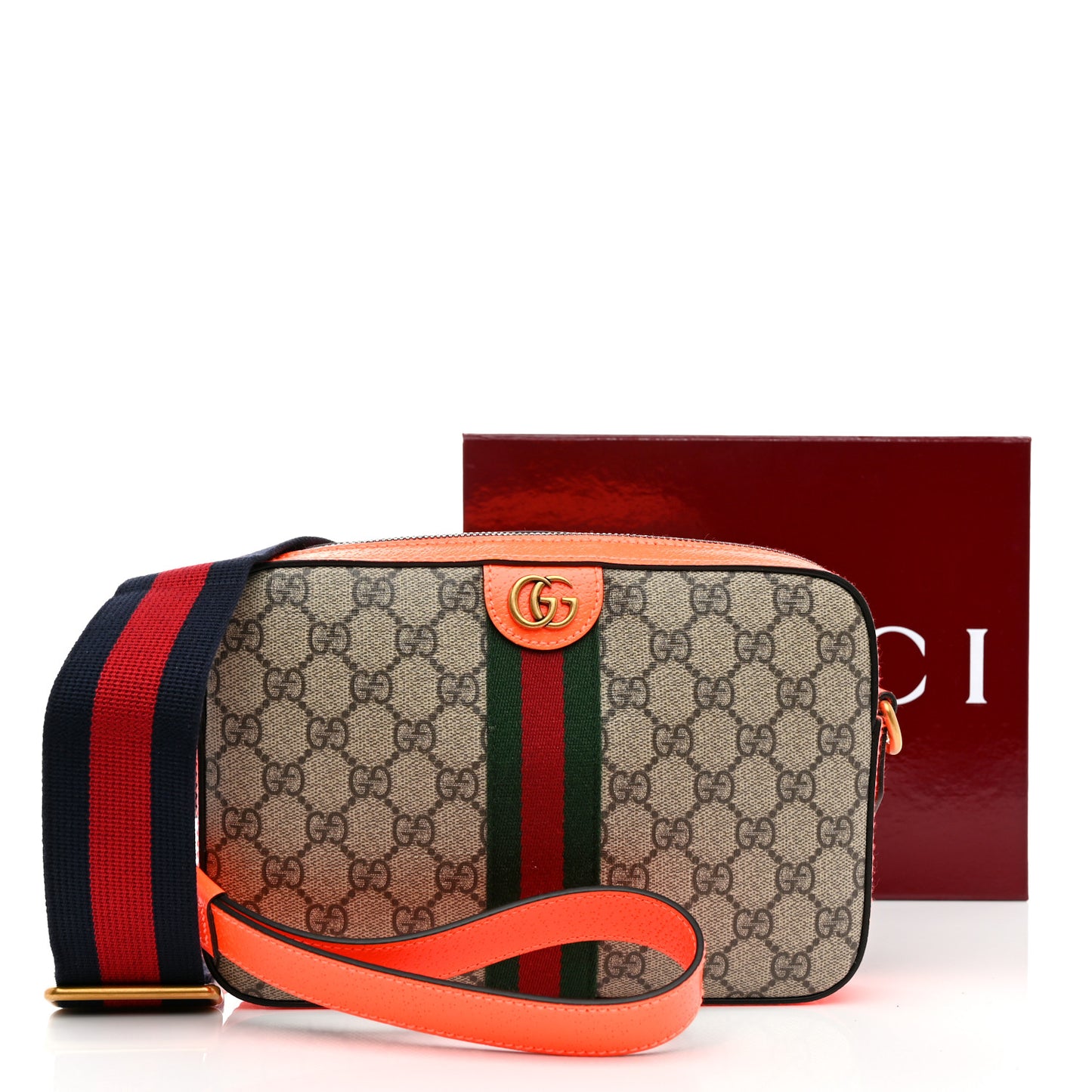 GG Supreme Monogram Textured Dollar Calfskin Web Ophidia Wristlet Shoulder Bag Beige Ebony Orange