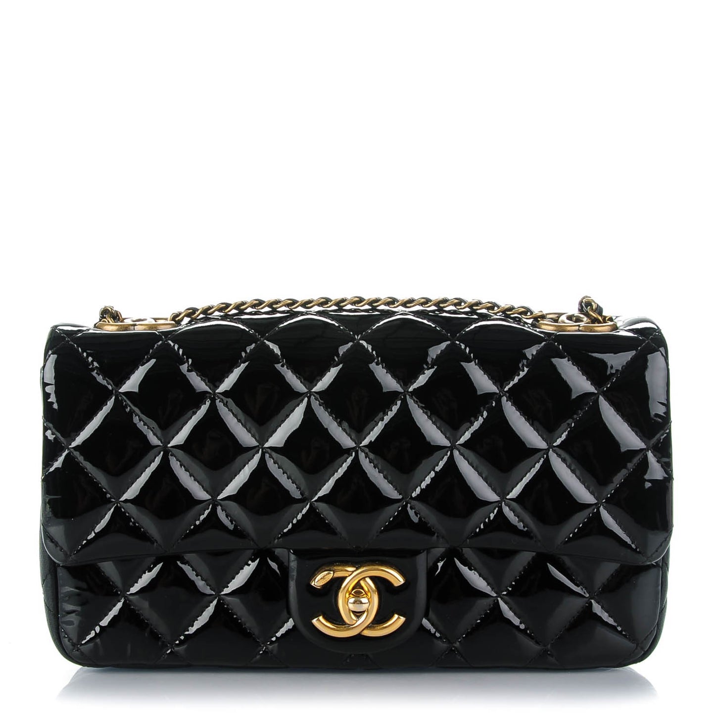 Patent Goatskin Quilted Medium CC Eyelet Flap Black
