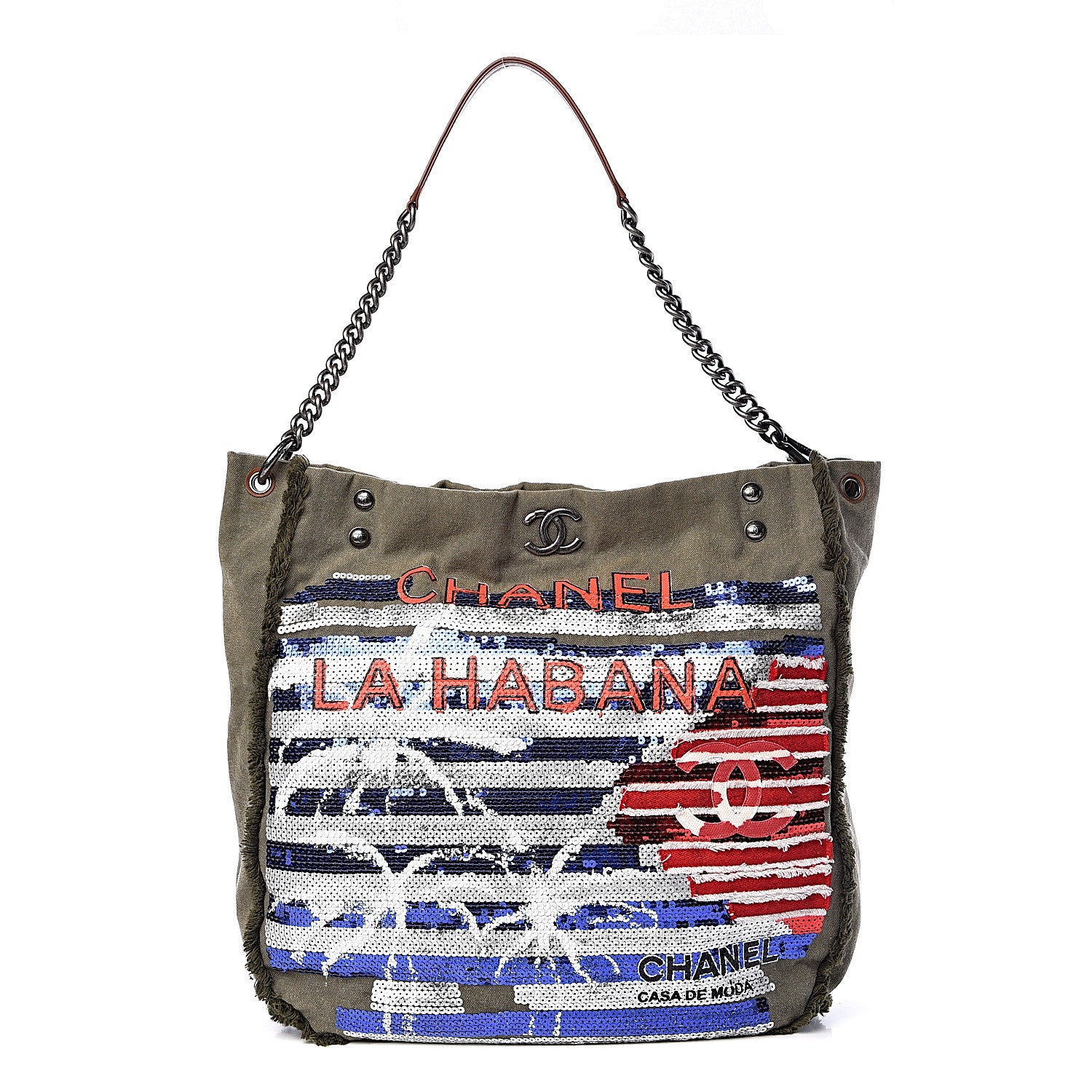 Chanel Canvas Sequins Cubano Trip Hobo Khaki 1 of 12