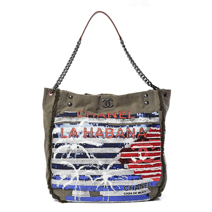 Chanel Canvas Sequins Cubano Trip Hobo Khaki 1 of 12