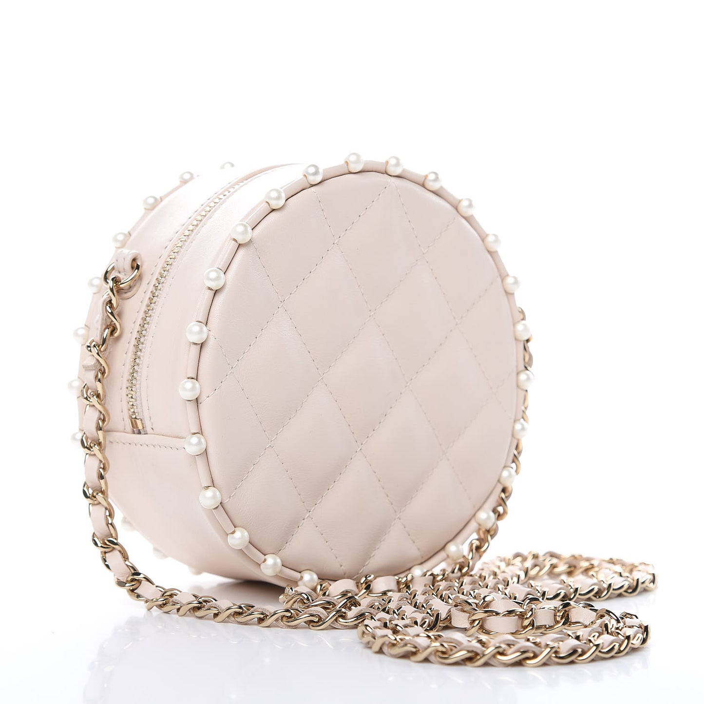 Calfskin Quilted Pearl Round Clutch With Chain White