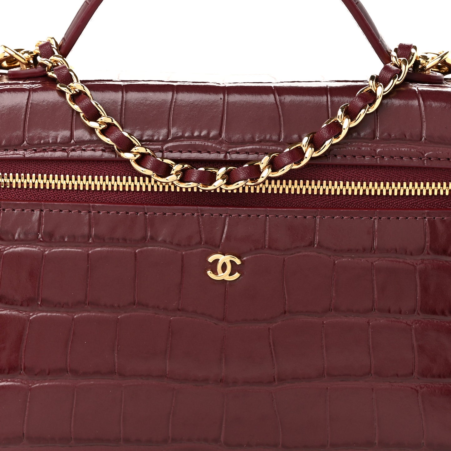 Calfskin Crocodile Embossed Top Handle Slim Vanity With Chain Dark Burgundy