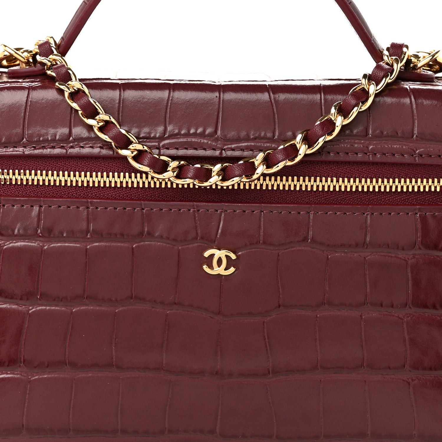 Chanel Calfskin Crocodile Embossed Top Handle Slim Vanity With Chain Dark Burgundy 8 of 11
