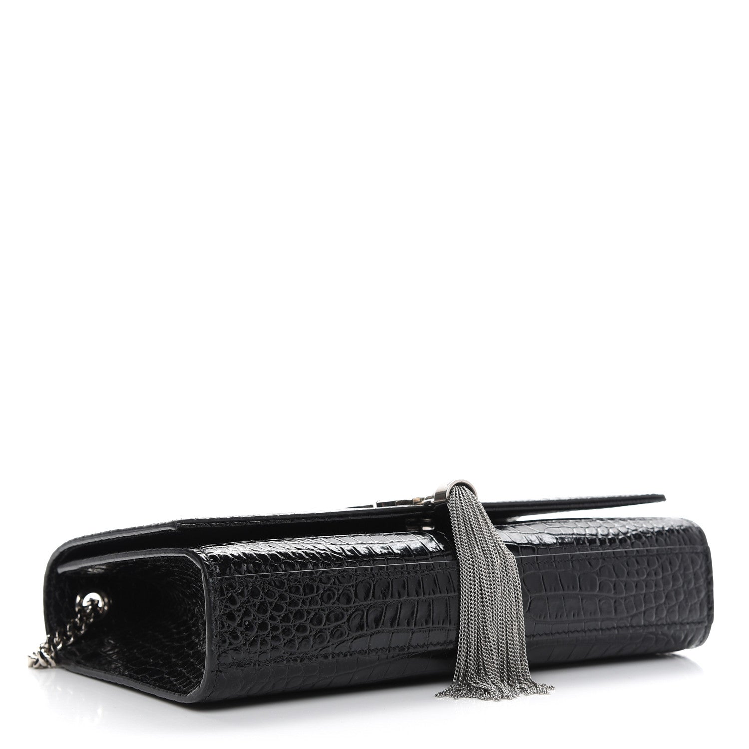 Saint Laurent Calfskin Crocodile Embossed Medium Classic Monogram Kate Tassel Satchel Black 4 of 9