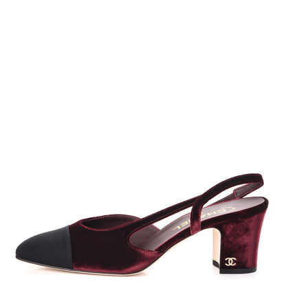 Chanel Velvet Grosgrain Cap Toe CC Slingback Pumps 38.5 Burgundy Black 1 of 9