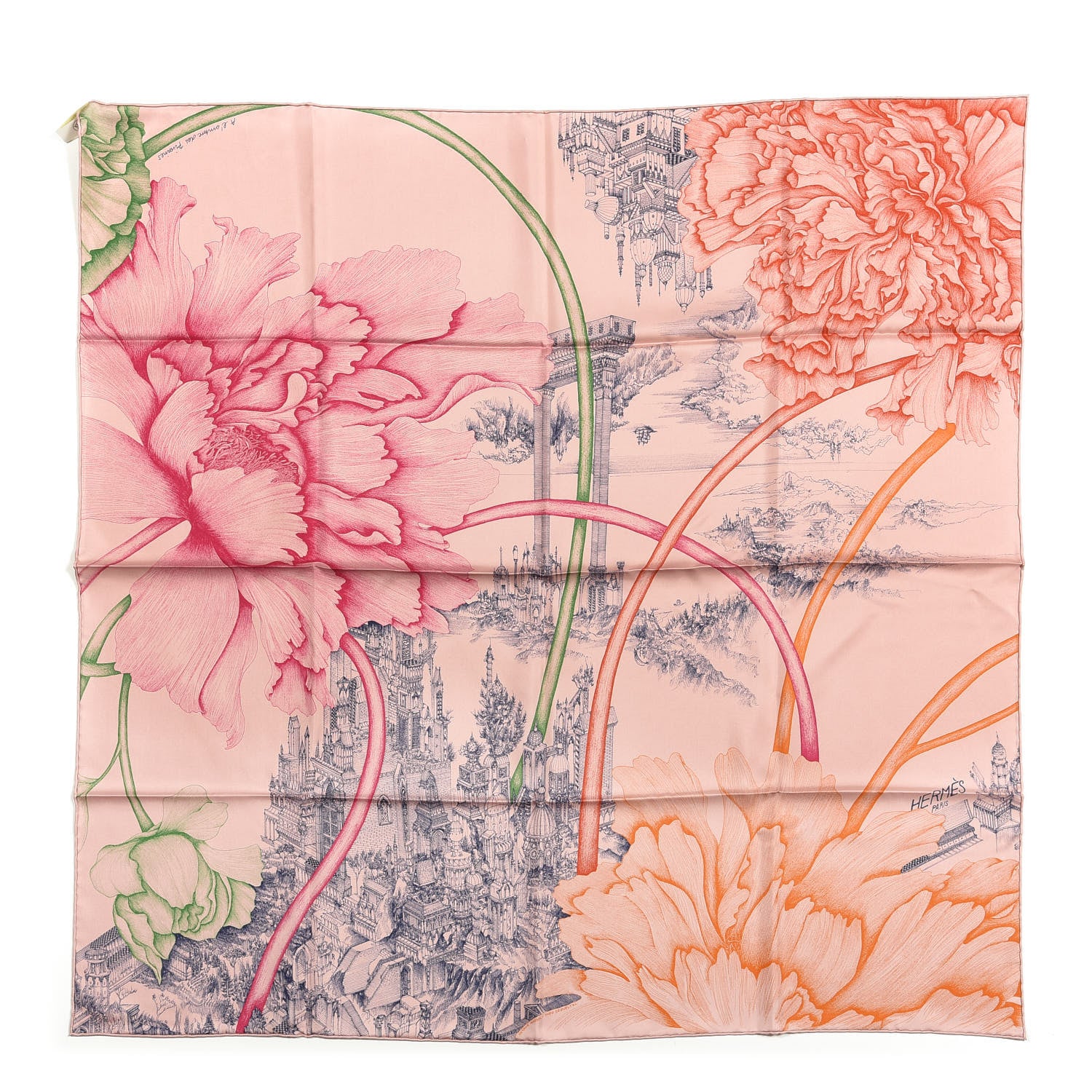 Hermes Silk A l'Ombre des Pivoines Scarf 90 Vieux Rose Encre 1 of 4