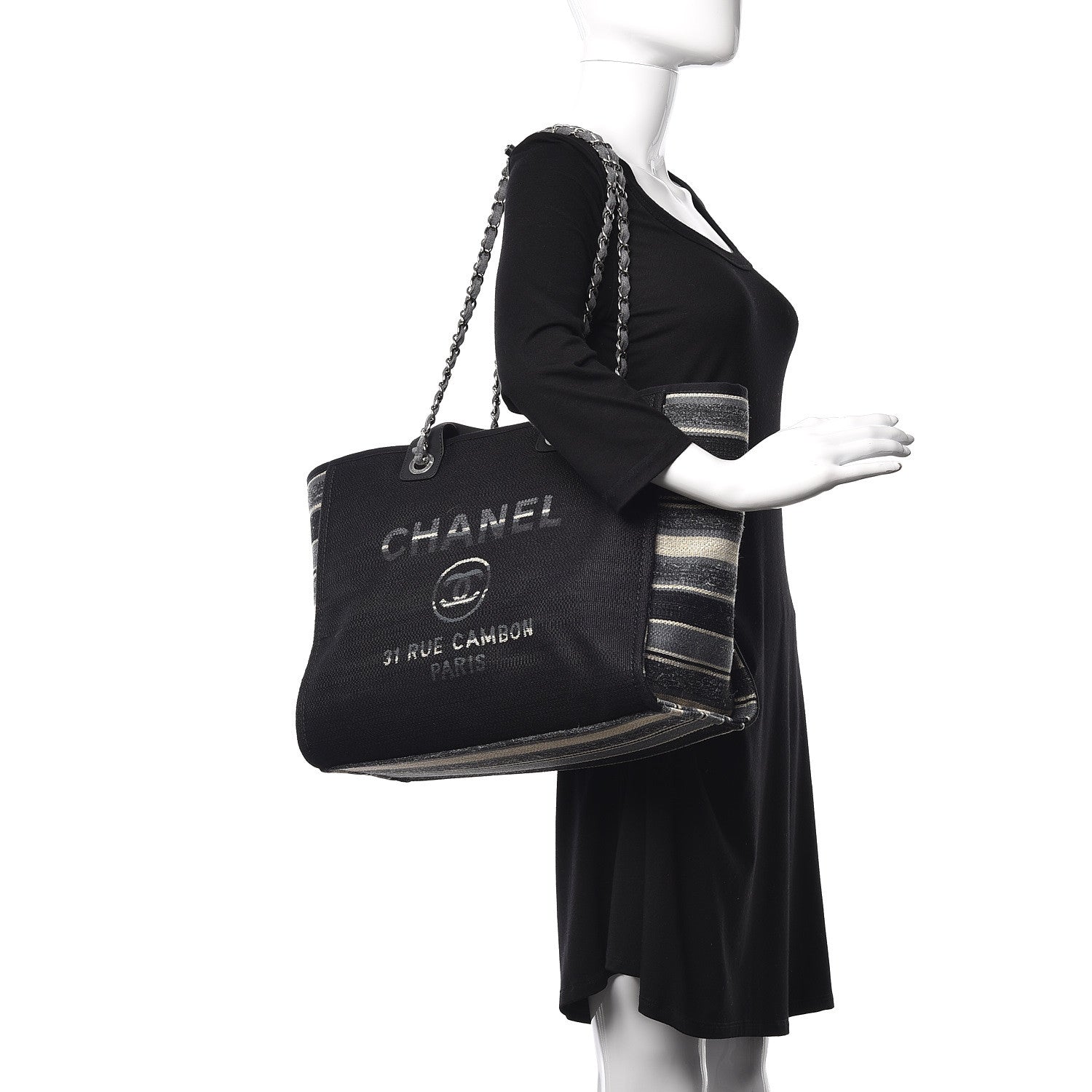 Chanel Striped Canvas Medium Deauville Tote Grey Black 2 of 9