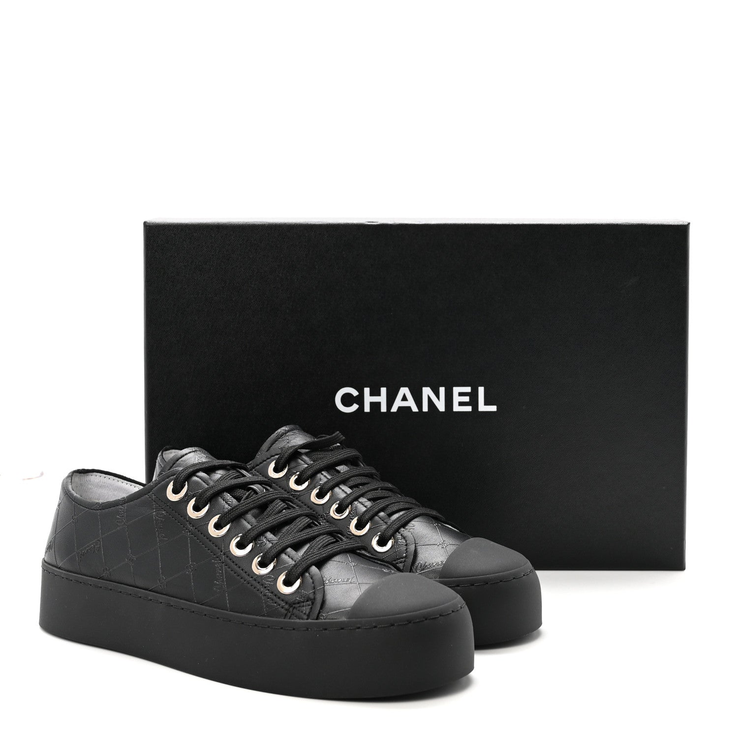 Chanel Lambskin Printed Logo Sneakers 37.5 Black 10 of 10