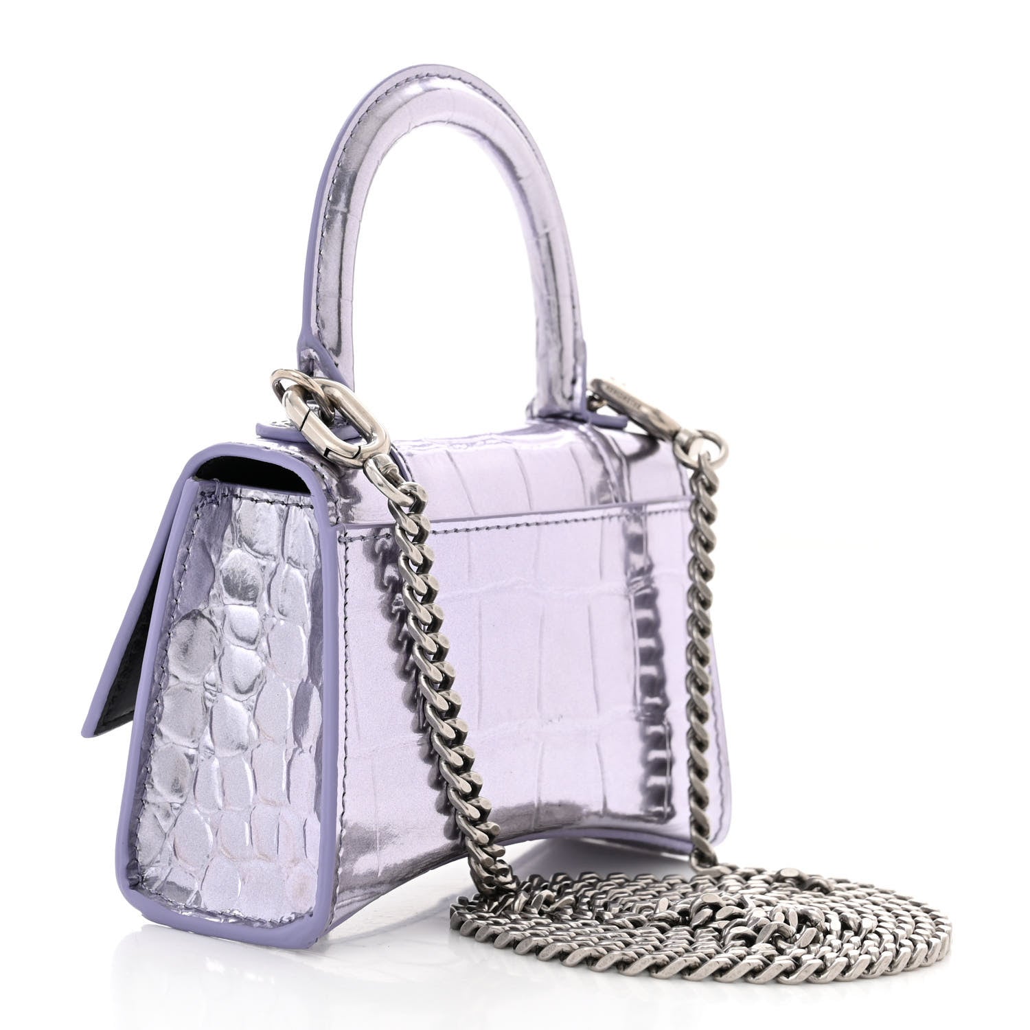 Balenciaga Metallic Calfskin Crocodile Embossed Hourglass Top Handle Bag Mini with Chain Lilac 3 of 10