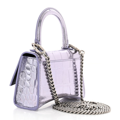 Balenciaga Metallic Calfskin Crocodile Embossed Hourglass Top Handle Bag Mini with Chain Lilac 3 of 10