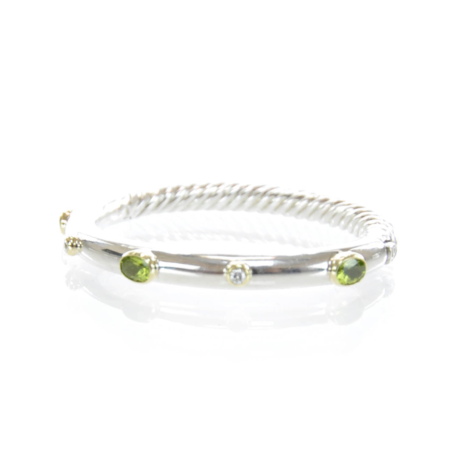 David Yurman Sterling Silver and 18k Gold Signature Peridot Diamond 5mm Bangle 1 of 7