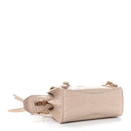 Balenciaga Shiny Supple Calfskin Crocodile Embossed Neo Classic Gold Hardware Nano City Crossbody Light Beige 3 of 6
