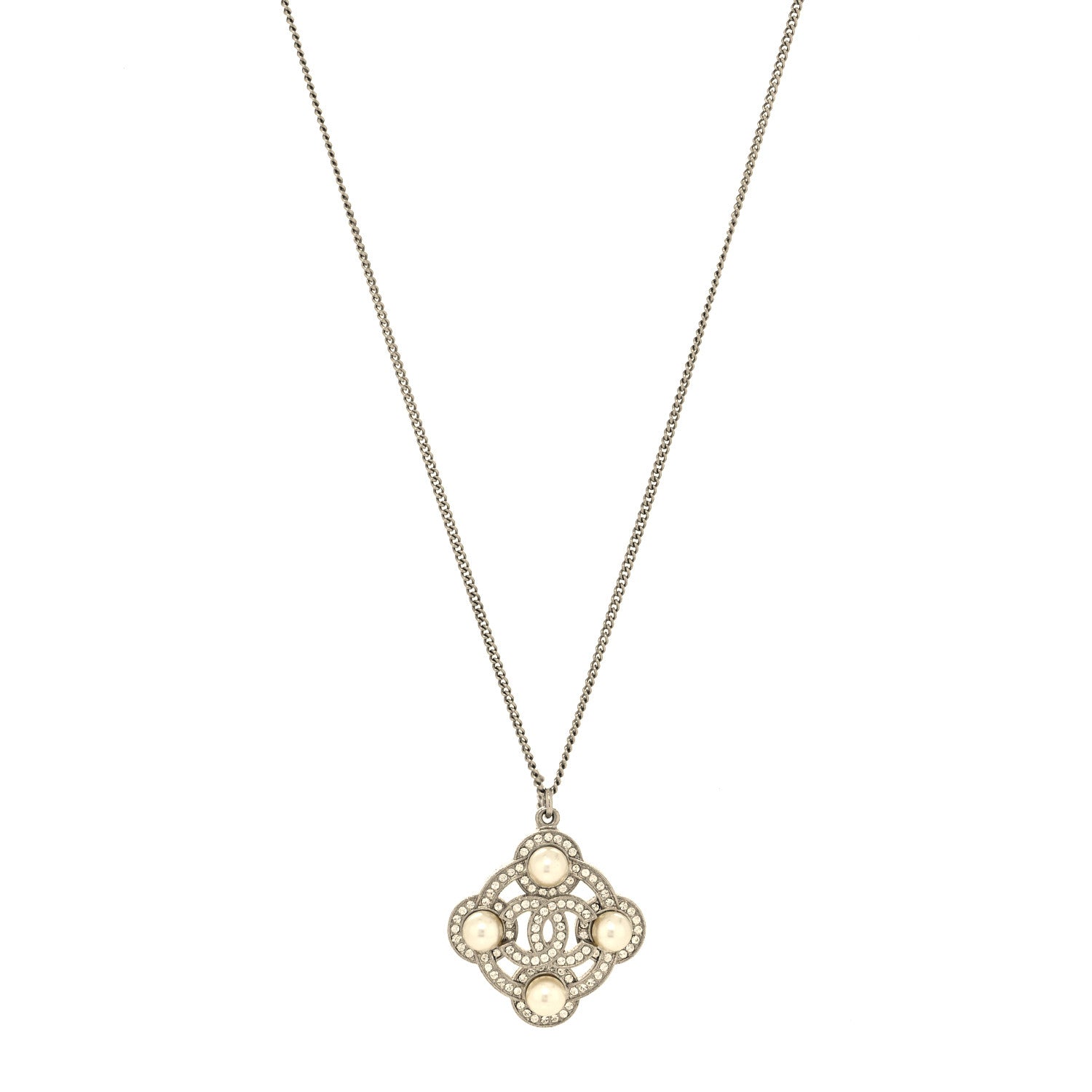 Chanel Pearl Crystal CC Pendant Necklace Silver 1 of 5