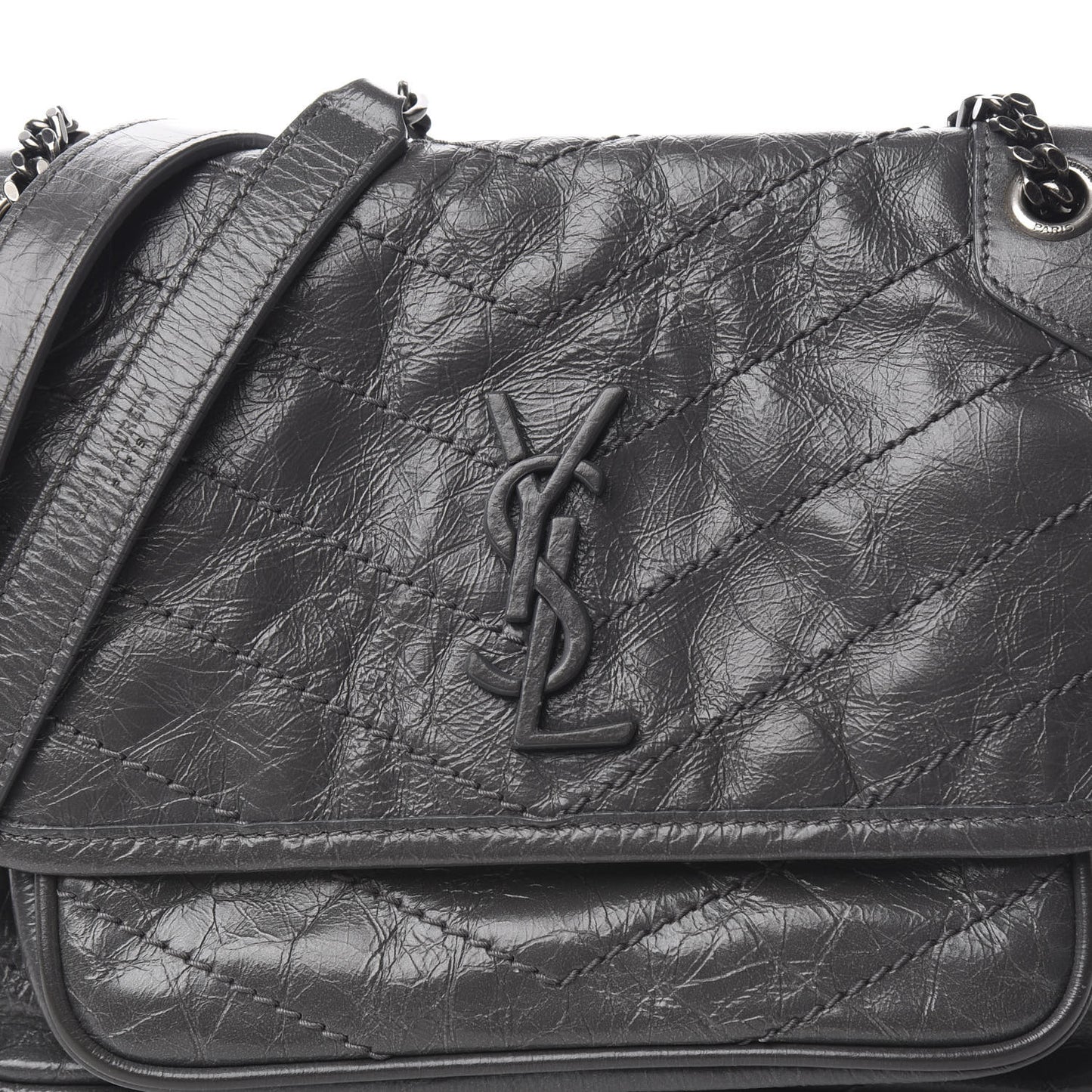 Crinkled Calfskin Matelasse Monogram Baby Niki Chain Satchel Storm