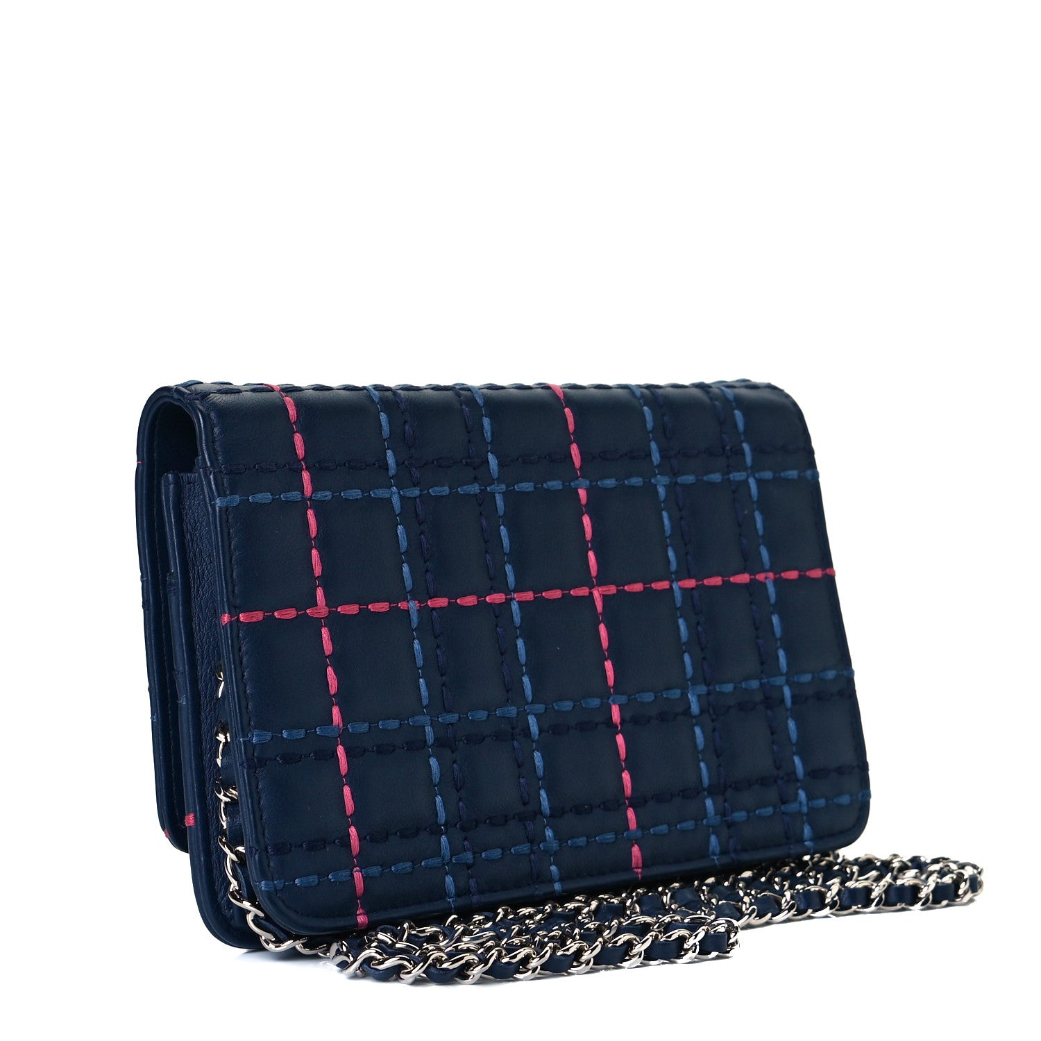Chanel Calfskin Square Stitched Wallet On Chain WOC Blue 2 of 6