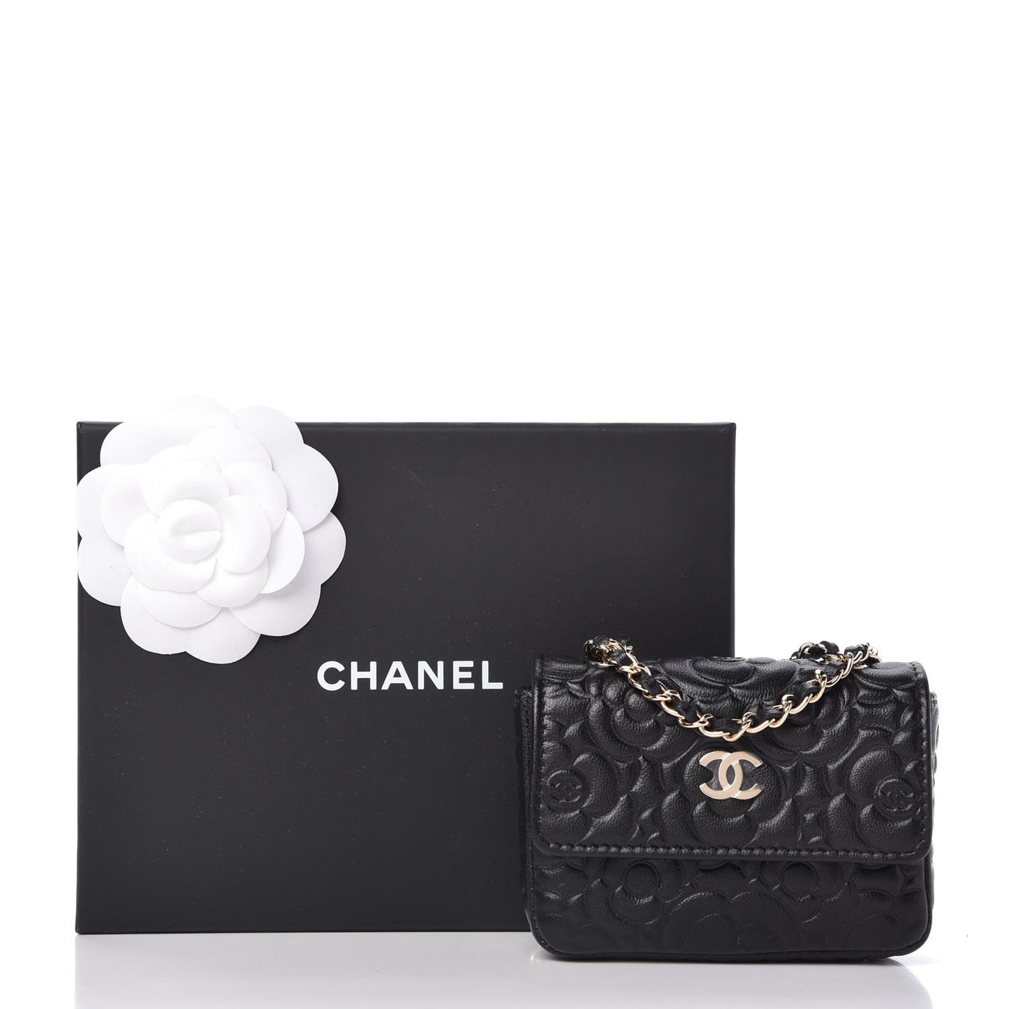 Lambskin Camellia Embossed Chain Belt Bag Black