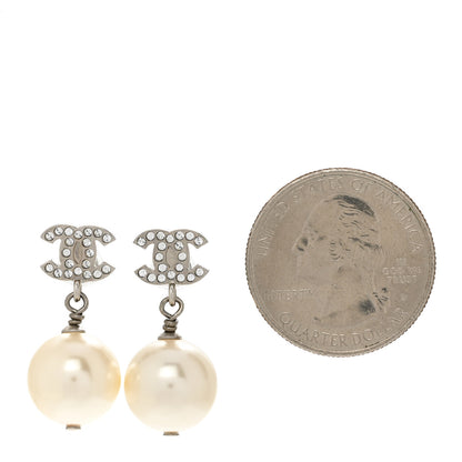 Chanel Crystal Pearl CC Drop Earrings Silver Pearly White 2 of 5