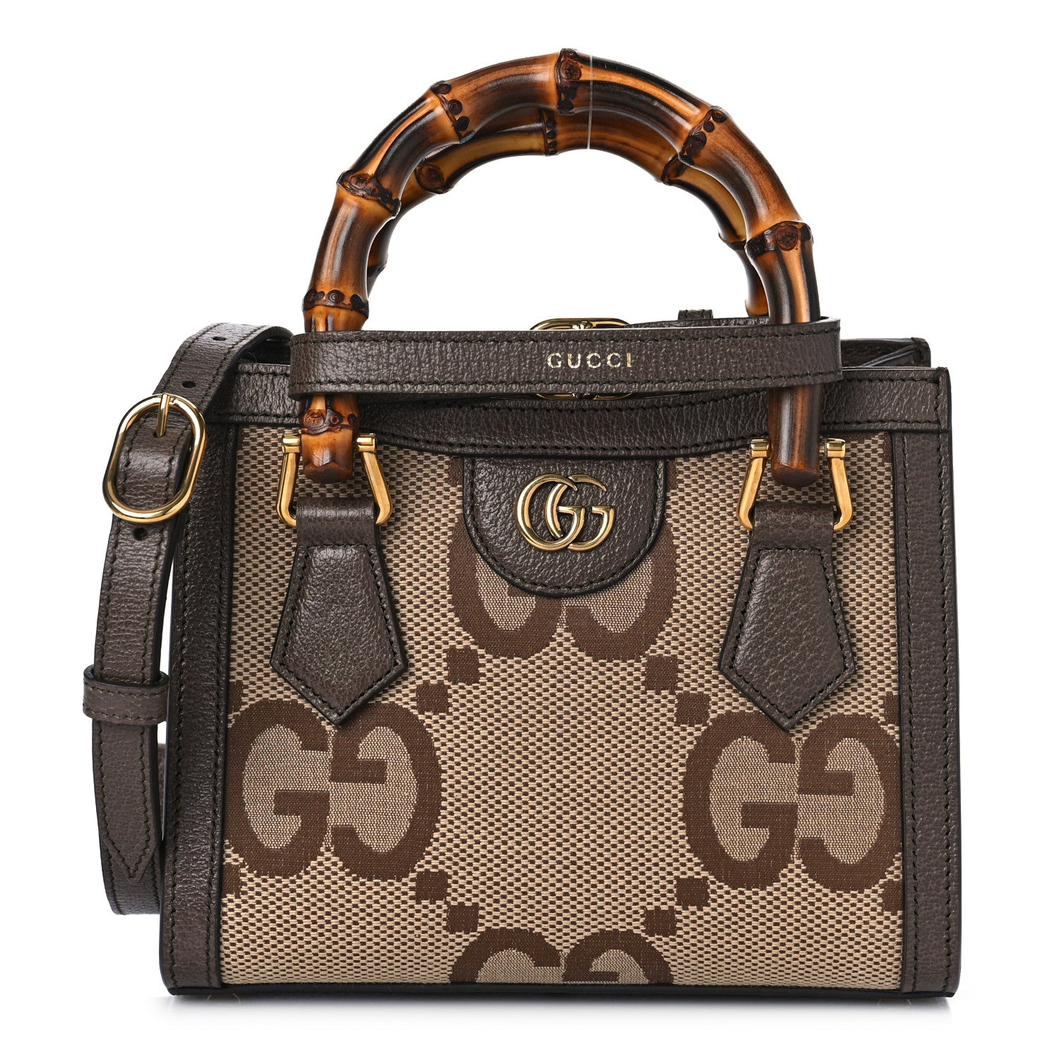 Gucci Monogram Jumbo GG Textured Dollar Calfskin Mini Diana Tote Bag Camel Ebony New Acero 1 of 9