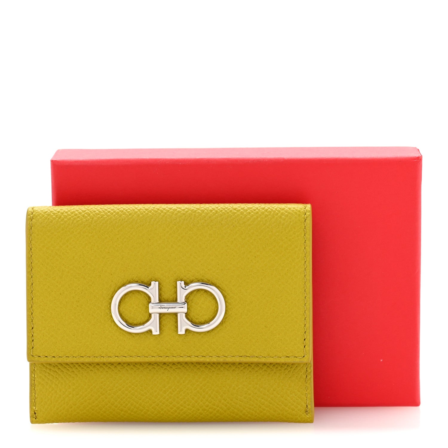 Salvatore Ferragamo Grained Calfskin Flap Card Holder Lemon Grass