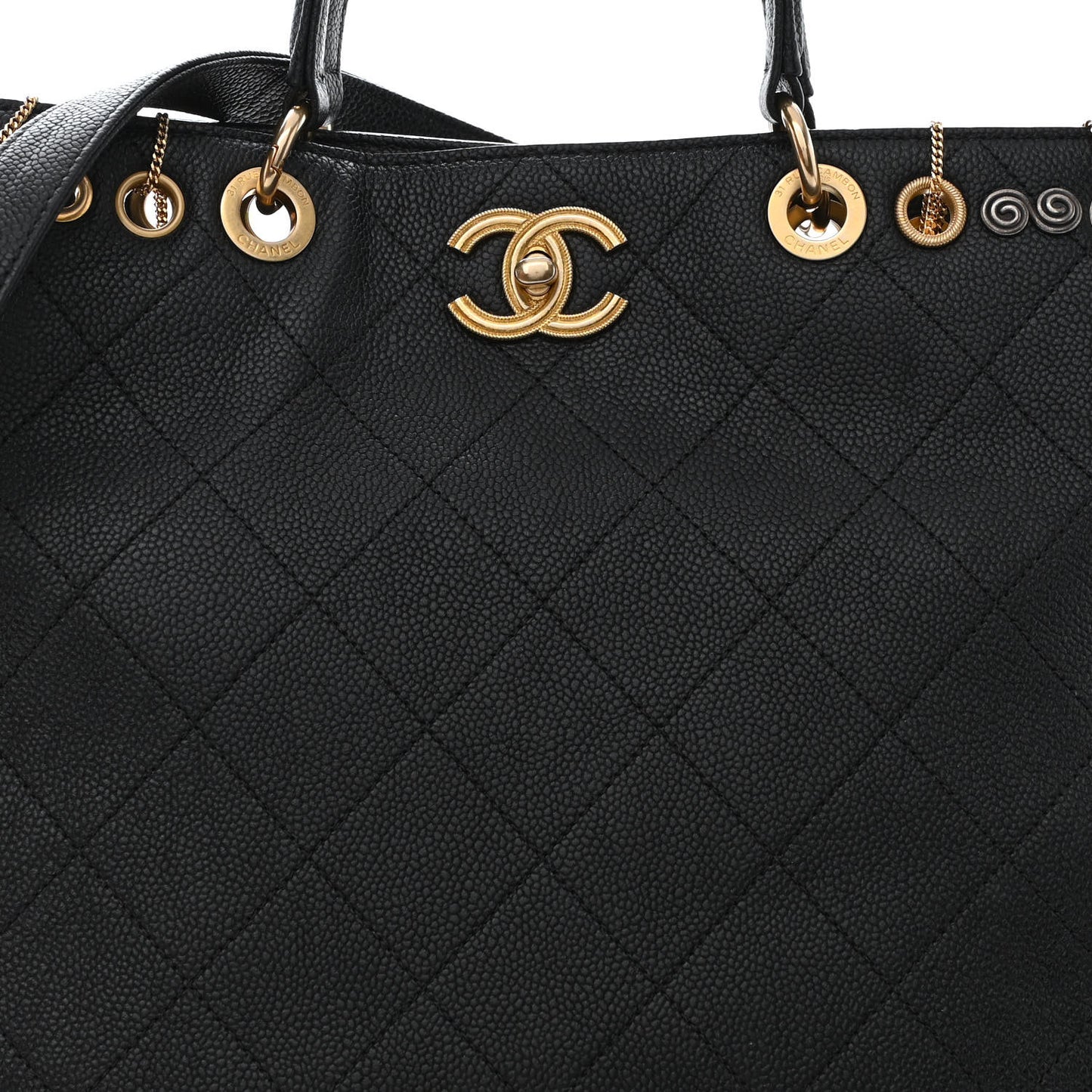 Caviar Quilted Grommet Embellished Piercing Chic Tote Bag Black