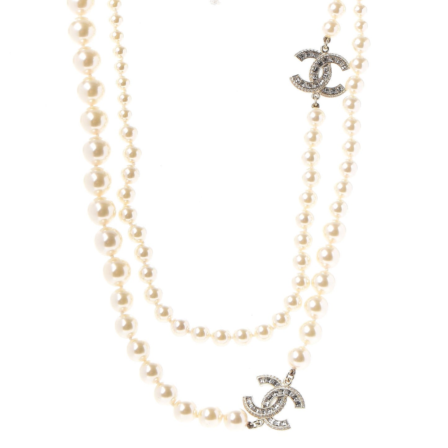 Graduated Pearl Crystal CC Long Necklace Light Gold