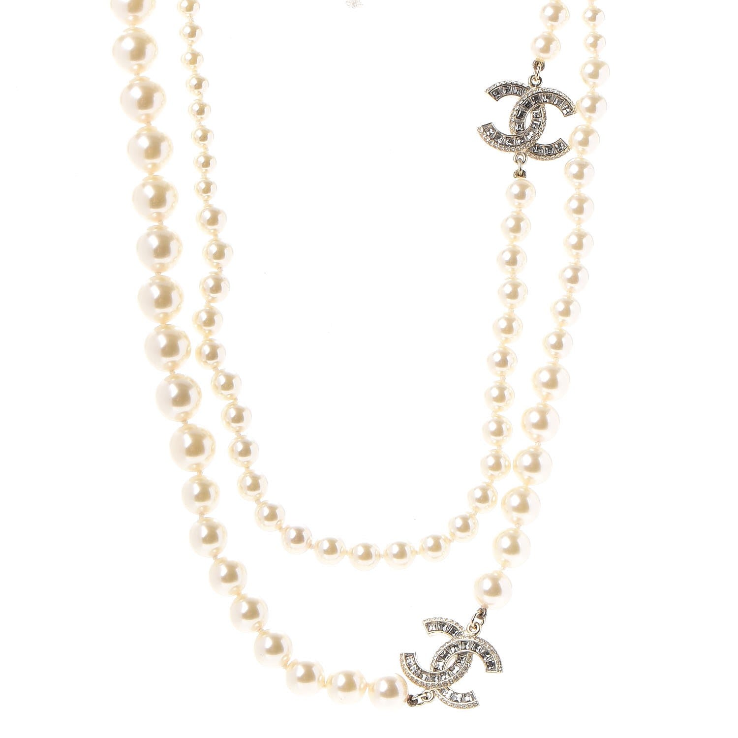 Chanel Graduated Pearl Crystal CC Long Necklace Light Gold 1 of 8