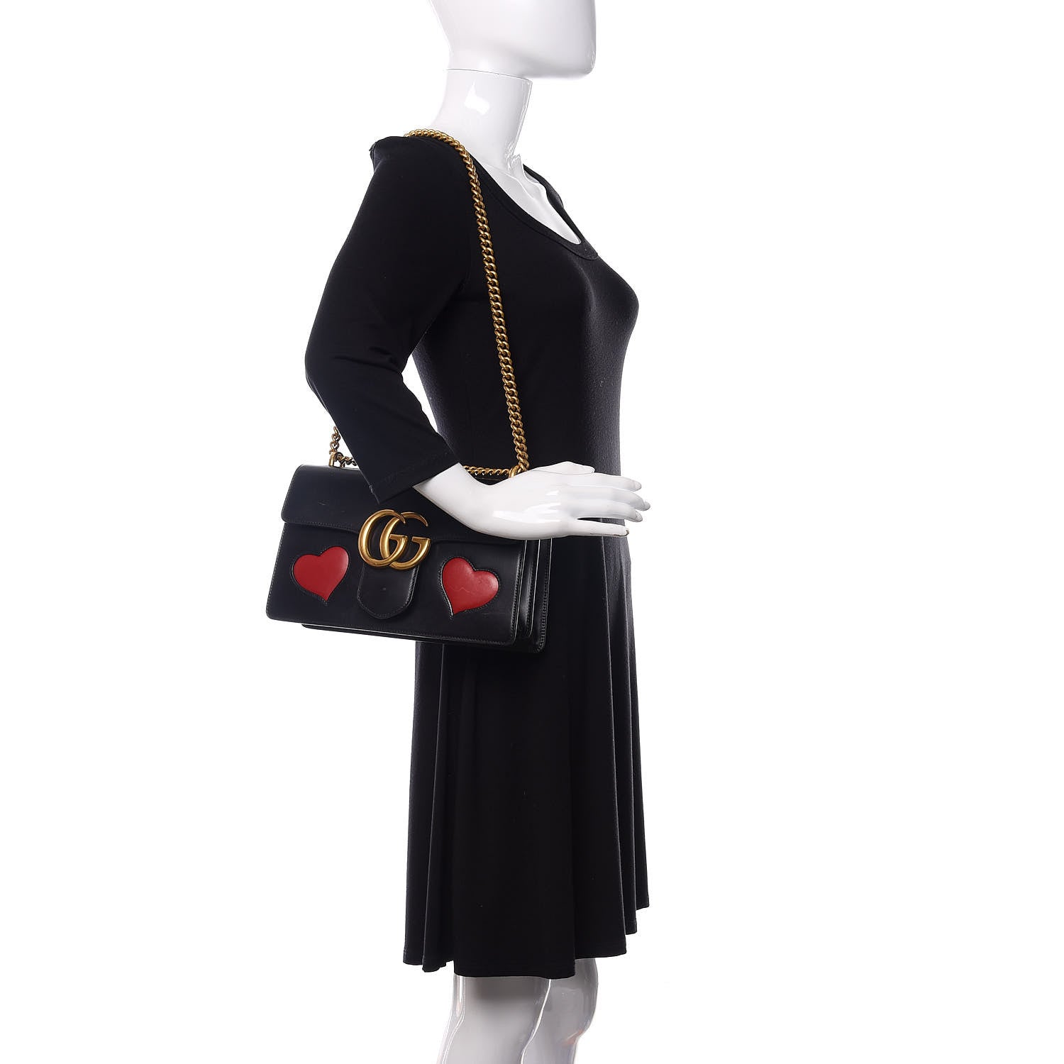 Gucci Knight Calfskin Malaga Kid Heart Medium GG Marmont Chain Handle Bag Black Hibiscus Red Multicolor 2 of 16