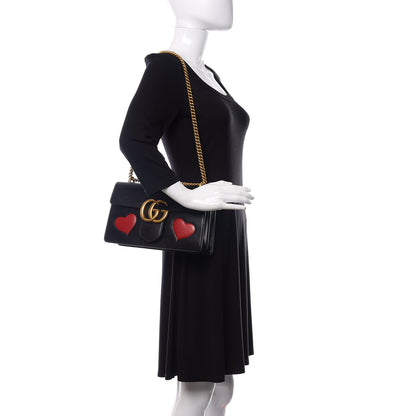 Gucci Knight Calfskin Malaga Kid Heart Medium GG Marmont Chain Handle Bag Black Hibiscus Red Multicolor 2 of 16