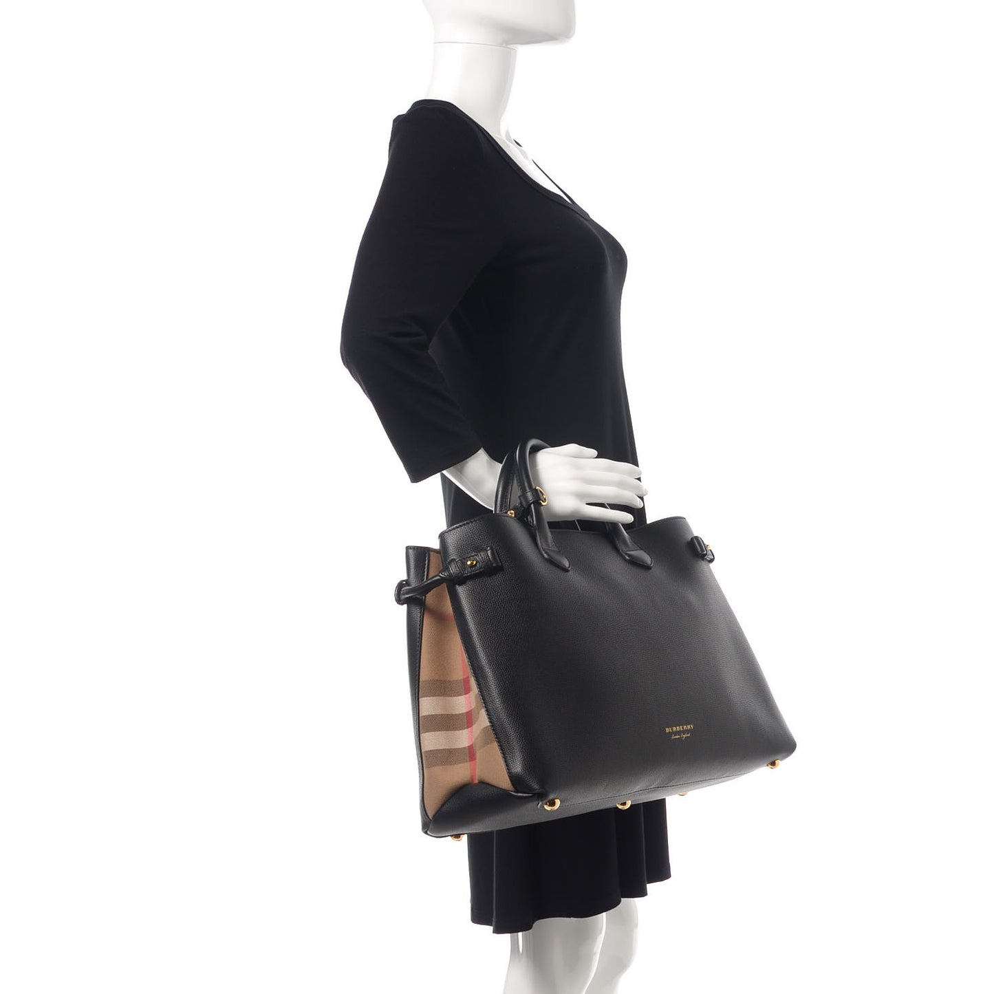 Grainy Calfskin House Check Large Banner Tote Black