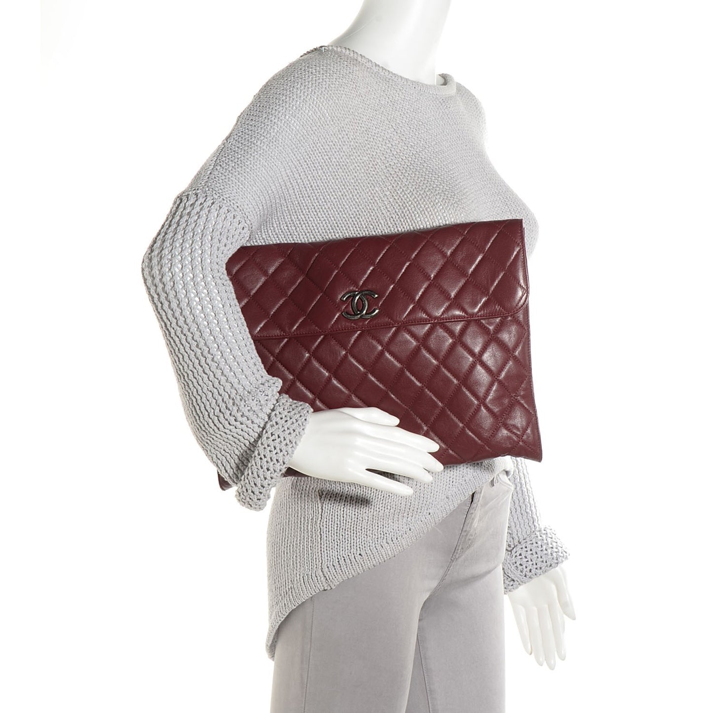 Calfskin Quilted Document Portfolio Holder Dark Red