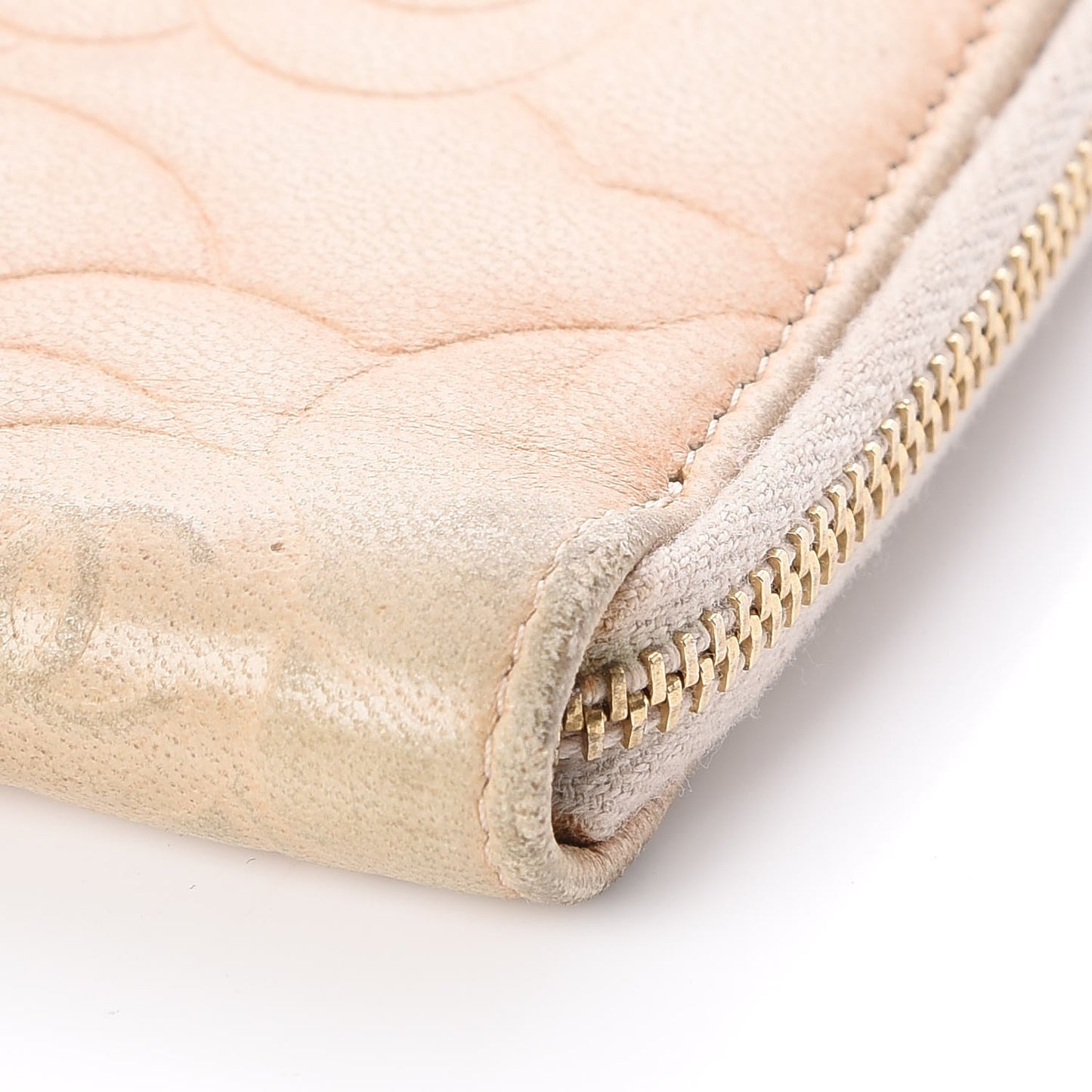 Lambskin Camellia Embossed Zip Around Card Holder Light Beige