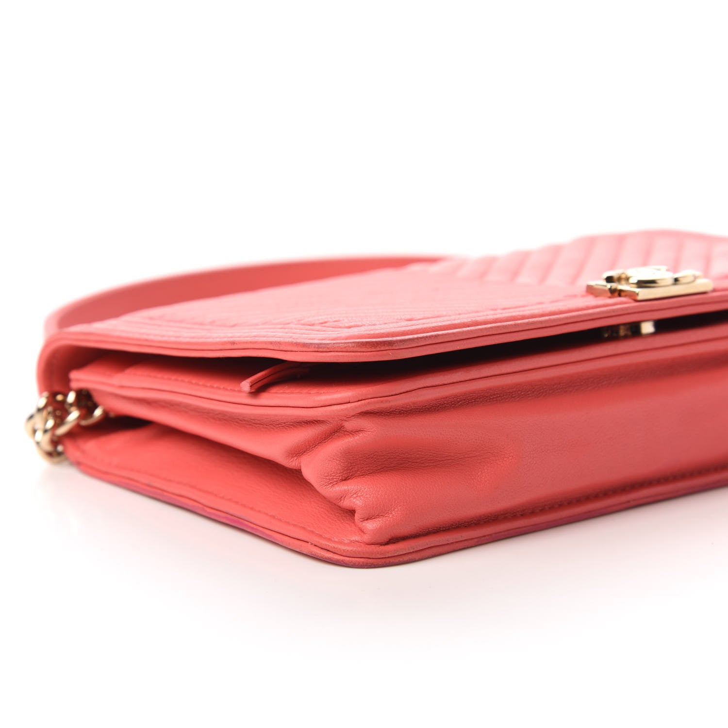 Chanel Calfskin Chevron Quilted Boy Wallet On Chain WOC Coral 6 of 12