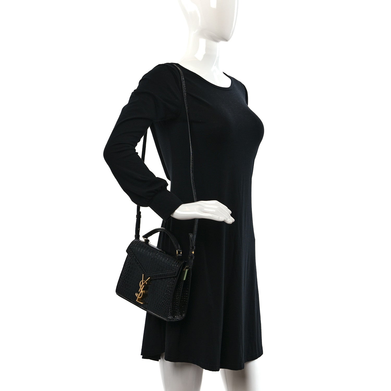 Saint Laurent Calfskin Crocodile Embossed Mini Classic Monogram Cassandra Top Handle Black 2 of 11