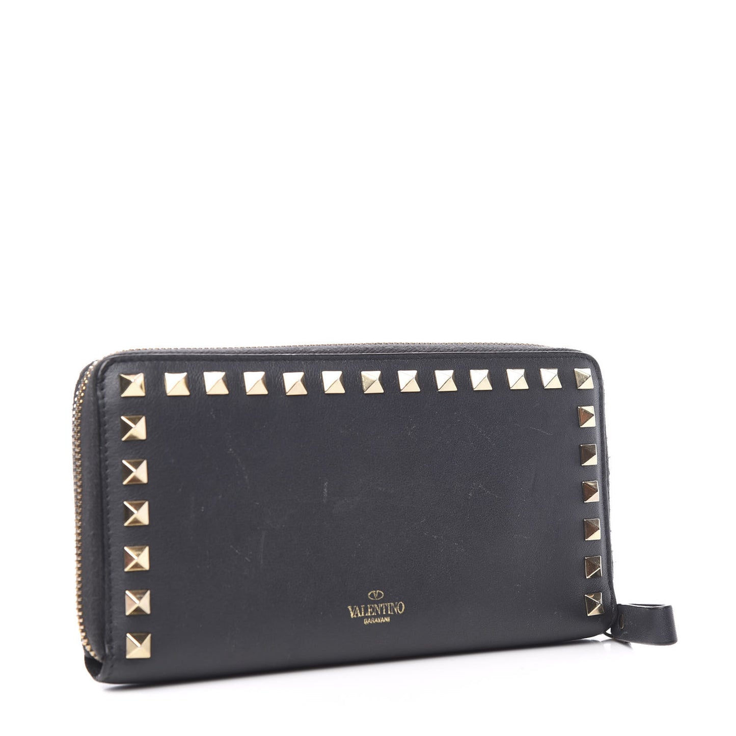 Calfskin Rockstud Zip Around Wallet Black