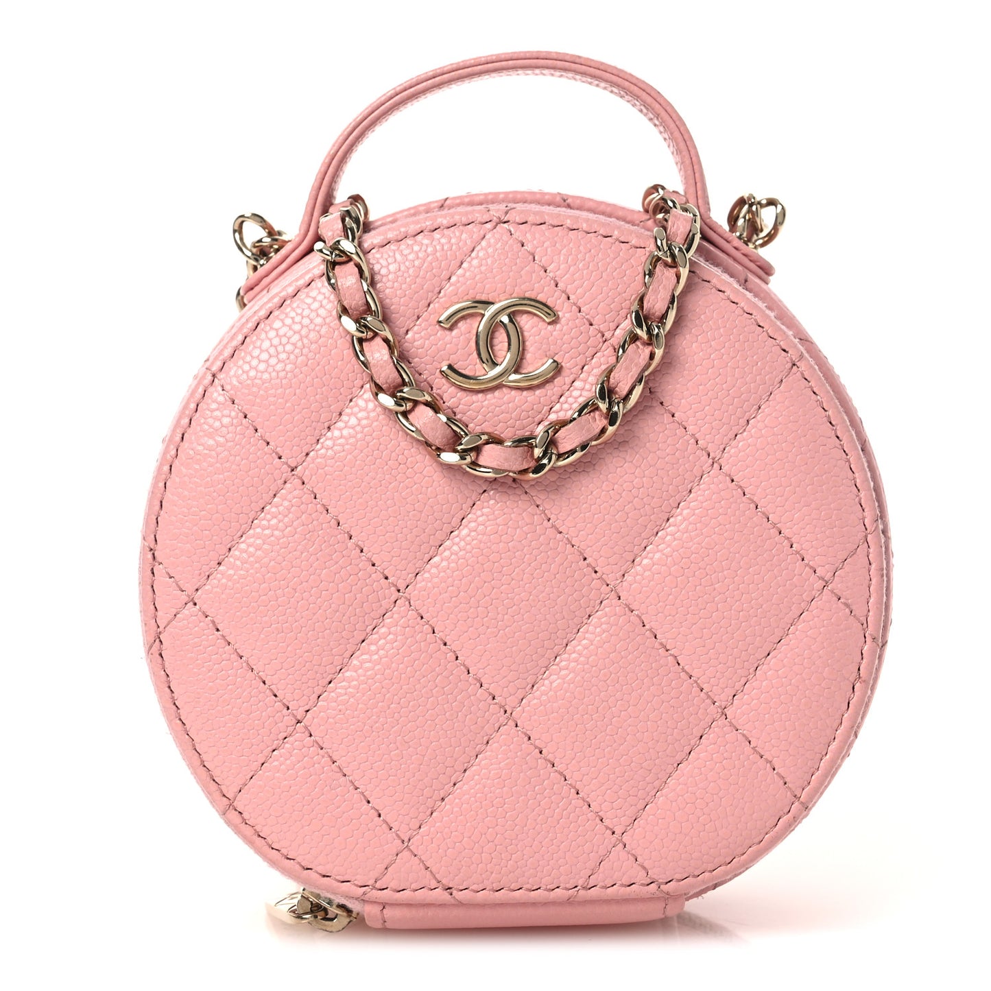 Caviar Quilted Round Handle With Care Vanity With Chain Pink