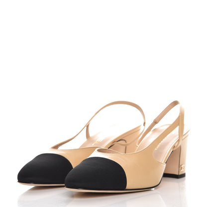 Chanel Goatskin Grosgrain Cap Toe CC Slingback Pumps 40 Beige Black 2 of 14