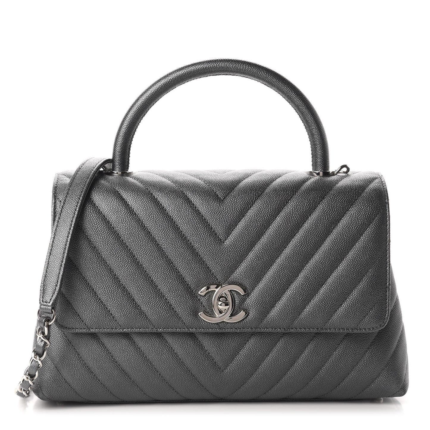 Metallic Caviar Chevron Quilted Small Coco Handle Flap Dark Silver