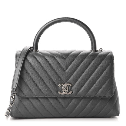 Chanel Metallic Caviar Chevron Quilted Small Coco Handle Flap Dark Silver 1 of 10