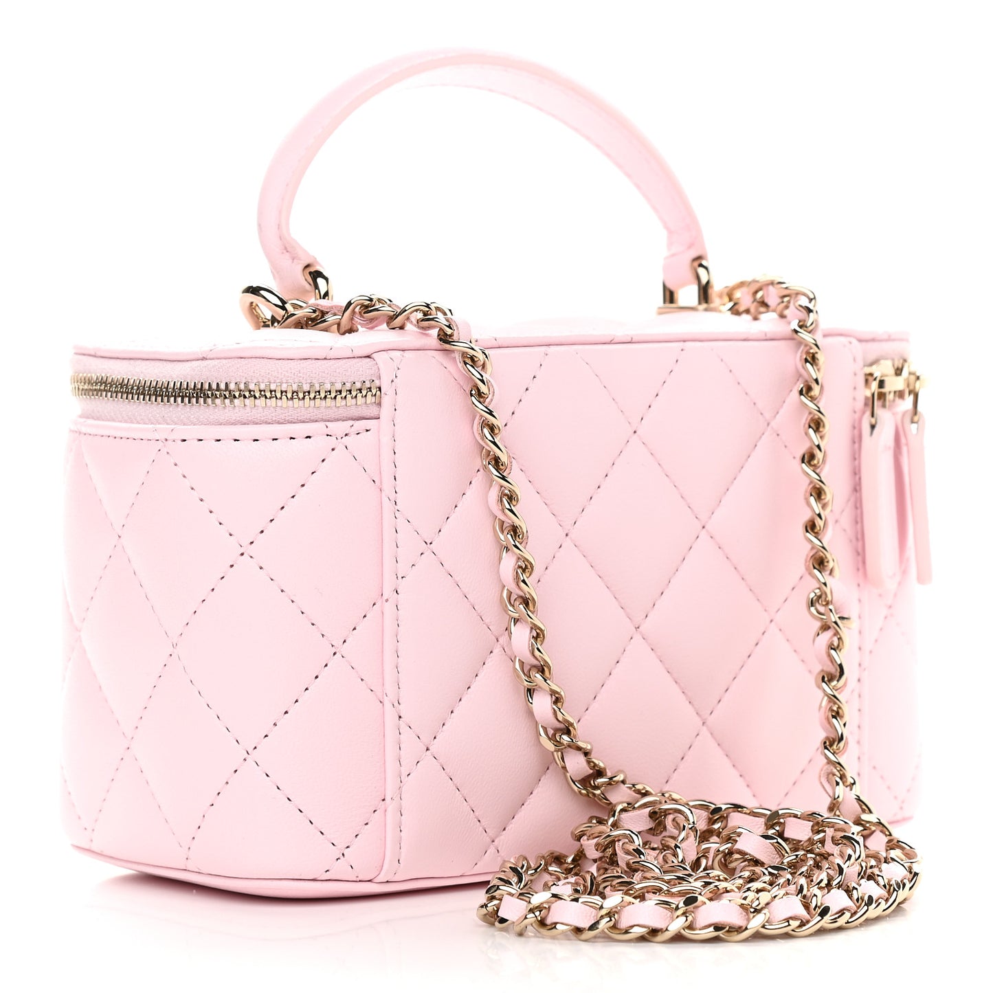Lambskin Quilted Small Top Handle Vanity Case With Chain Light Pink