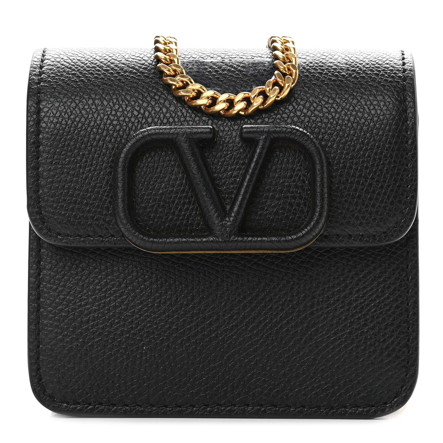 Grainy Calfskin Vlogo Compact Wallet with Chain Black