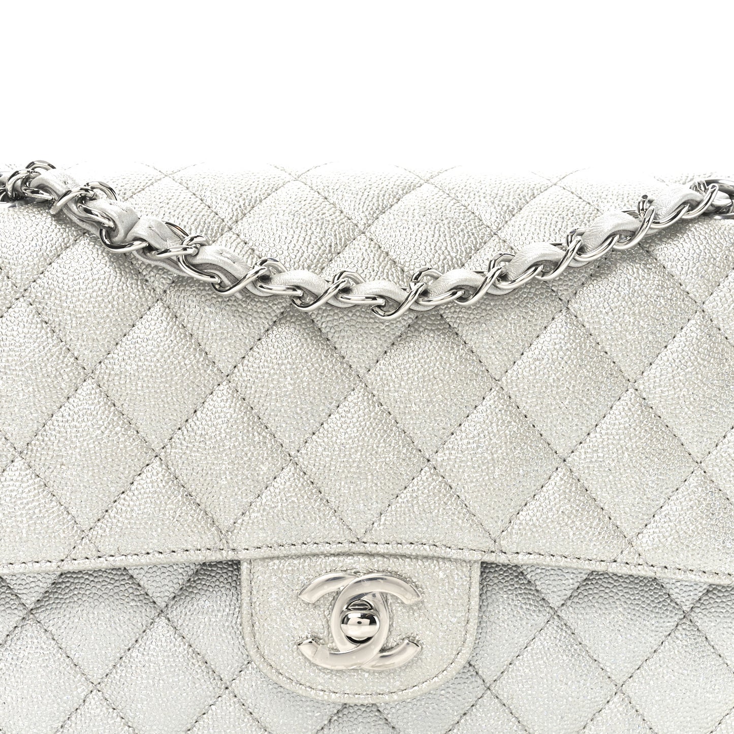 Glittered Metallic Caviar Quilted Medium Double Flap Silver