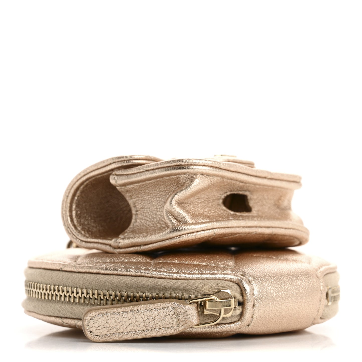 Metallic Lambskin Quilted Round Clip On Coin Purse Airpods Case Gold